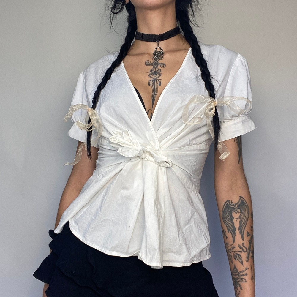 Nine West White Cotton Wrap Tie Waist Puff Sleeve Deep V Neck Blouse Size 10